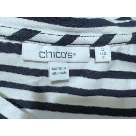 Chico's Black & White Stripe Pullover Tee Top Sz 0 Small Ric-Rac Sleeve Stretch - Picture 7 of 7